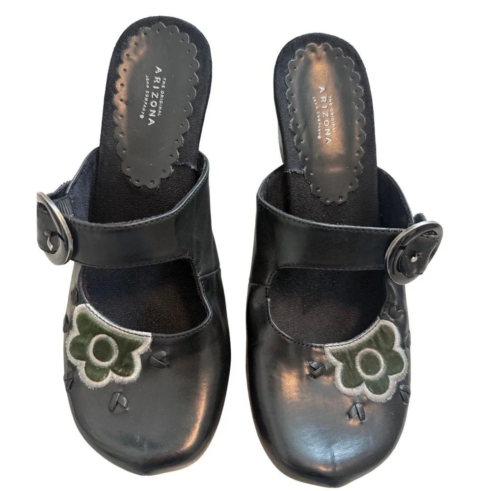 Arizona Jean Company Black Floral Wedge Mules Green Velvet Flower Sz 7-7.5 (Y2K)